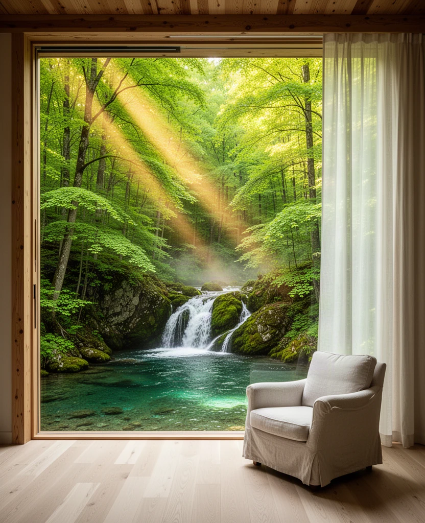 AI画像生成による初夏の投稿画像:光が差す森と清流を望む部屋